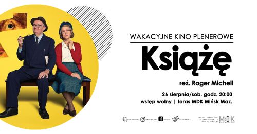 po lewej stronie starsza kobieta i mężczyzna siedzą na ławce, mężczyzna trzyma w prawej dłoni fajkę, po prawej stronie...