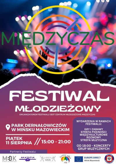 na górze zdjęcie kolorowych, rozmazanych świateł w tle dłonie podniesione do góry z napisem Międzyczas, poniżej informacje...