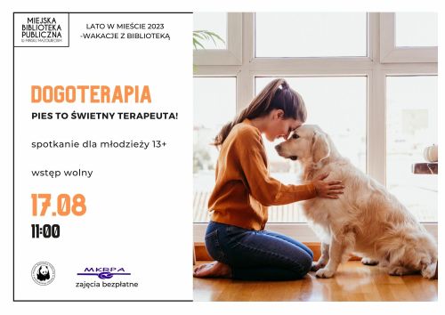 po prawej stronie kobieta klęczy przed psem trzymając go dłońmi przytula głowę do jego głowy, po lewej stronie informacje...