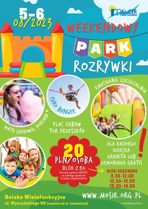na górze rysunek dmuchanego zamku poniżej w kółkach zdjęcia dzieci, z tyułem głównym weekendowy park rozrywki,, informacje...