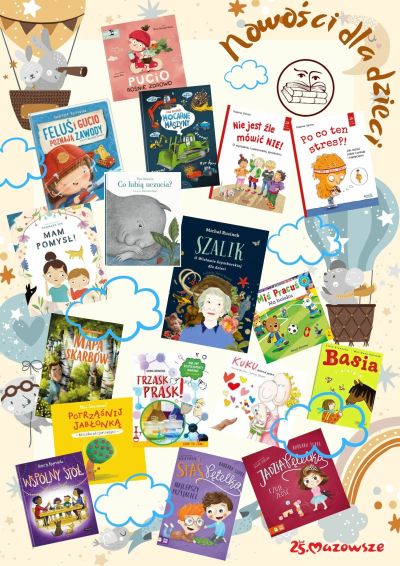 rysunki misia i króliczków w balonach, zdjęcia okładek książek, tytuł nowości dla dzieci po nim logo biblioteki, na dole w...