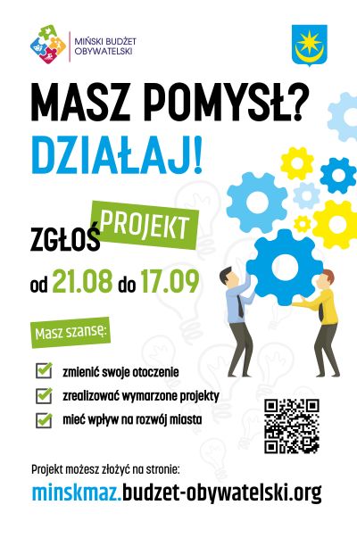 po prawej stronie grafika kolorowych nakrętek, jedną z nich podtrzymuje dwóch mężczyzn, na górze logo Miasta i Mińskiego...
