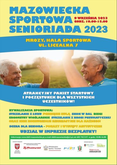 po środku dwóch usmiechniętych mężczyzn na łące przybijają sobie piątki, inforamcje zawarate na plakacie znajdują się w...