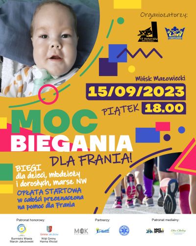 plakat z kolorowymi figurami geometrycznymi na żółtym tle, w lewym górnym rogu zdjęcie niemowlaka, w lewym dolnym rogu...