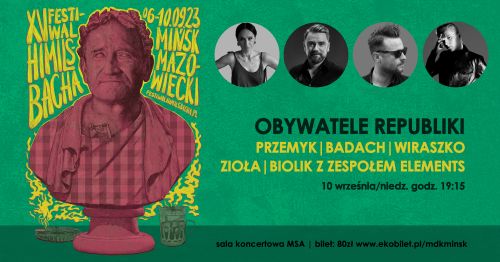 po lewej stronie posąg mężczyzny po prawej na górze w kołach zdjęcia artystów, poniżej informacje,które znajdują się w...