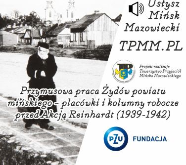 po lewej stronie stare zdjęcie starszego mężczyzny przechadzającego się po chodniku, w tle stare budynki, po prawej głośnik...
