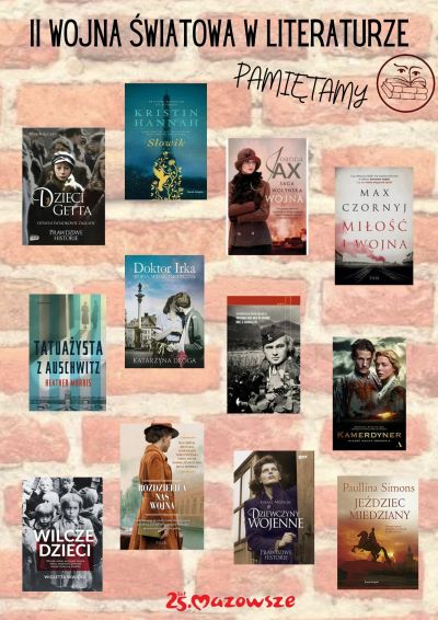 zdjęcia okładek książek wojennych, na górze tytuł II wojna światowa w literaturze, pamiętamy, w prawym górtnym rogu logo...