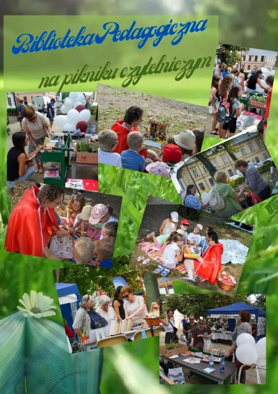 kolaż zdjęć z pikniku z tytułem głównym u góry po środku biblioteka pedagogiczna na pikniku czytelniczym
