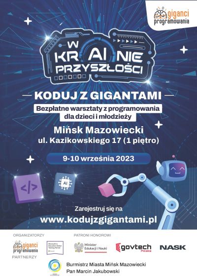 po środku znaczki programowania na dole loga, informacje zawarte na plakacie znajdują się w treści artykułu zamieszczonego...