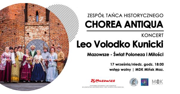 po lewej stronie w kole zdjęcie ludowego zespołu na tle dawnych murów zamku, dwie kobiety z przodu trzymają bukiety...