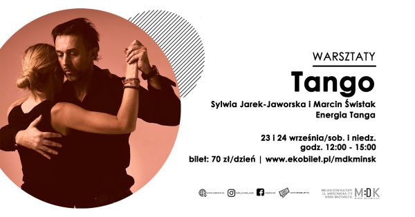 po lewej stronie w kole mężczyzna i kobieta ubrani na czarno tańczą przytuleni do siebie, informacje zawarte na plakacie...