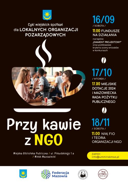 po środku rysunek filiżanki w nim zdjęcie osób rozmawiających, , na dole loga, informacje zawarte na plakacie znajdują się...