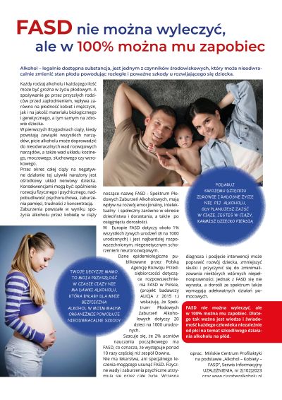artykuł o tytule "FASD nie można wyleczyć, ale w 100 można mu zapobiec", zdjęcie leżących osób mama, tata i po środku małe...
