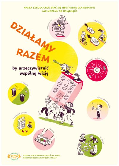 plakat z kolorowym napisem głównym DZIAŁAMY RAZEM by urzeczywistnić wspólną wizję, treść znajduje się w PDF pod artykułem