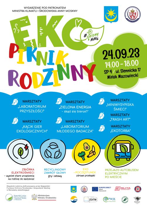 od góry po lewej stronie napis wydarzenie pod patronatem Ministra Klimatu i Środowiska Anny Moskwy, po prawej logo miasta i...
