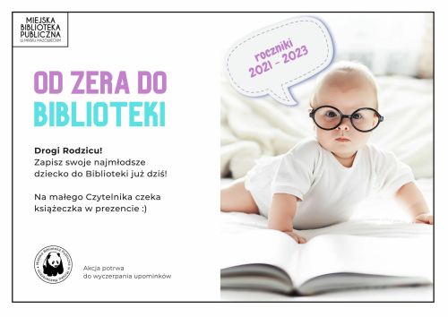 po prawej stronie zdjęcie noworodka raczkującego w duzych czarnych okularach przed nim rozłożona ksiązka, nad nim chmurka z...