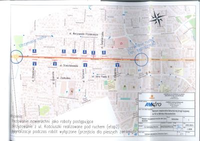 fragment mapy miasta z zaznaczonym odcinkiem drogi do remontu, część I