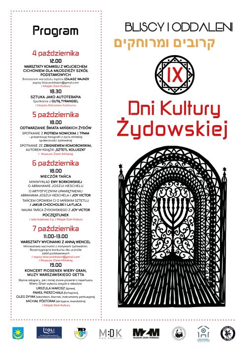 po prawej stronie bliscy i oddaleni IX Dni Kultury Żydowskiej poniżej grafika menorah w oknie z krat, na dole loga, po...