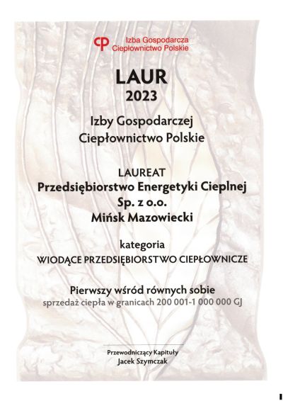 dyplom przyznania LAUR 2023 Izby Gospodarczej Ciepłownictwo Polskie w tle rysunek liścia laurowego