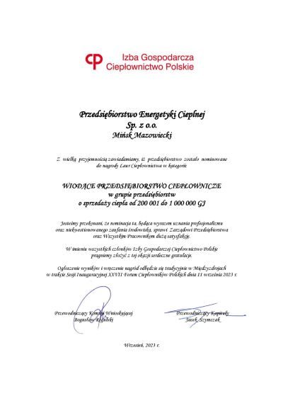 can pisma gratulacyjnego Izby Gospodarczej Ciepłownictwo Polskie dla PEC Sp. zo.o. w Mińsku Mazowieckim