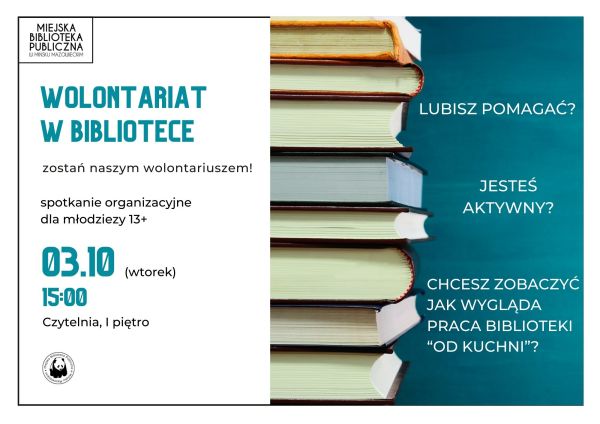 po prawej stronie ułożóne ksiązki jedna na drugiej, po lewej stronie informacje zawarte na plakacie znajdują się w treści...