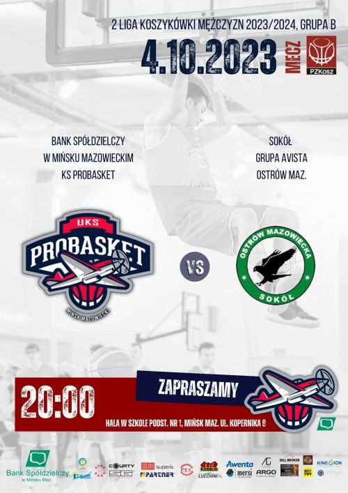 od góry 2 liga koszykówki mężczyzn 2023/2024, grupa B na środku loga grających drużyn, na dole loga sponsorów, wszystko...