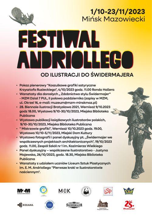 w lewym górnym rogu ptak, 1/10-23/11/2023 Mińsk Mazowiecki, Festiwal Andriollego od ilustracji do świdermajera, po prawej...