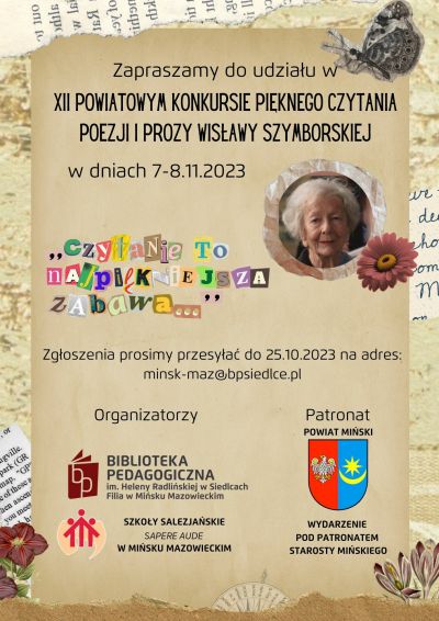 po środku z lewej strony w kółku zdjęcie kobiety, po lewej cytat "czytanie to najpiękniejsza zabawa...", informacje zawarte...