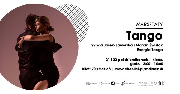 po lewej stronie w kole mężczyzna i kobieta ubrani na czarno tańczą przytuleni do siebie, po prawej stronie na dole loga...