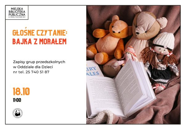 po prawej stronie czery pluszaki leżą na kocu przed nimi otwarta książka, po lewej informacje, które znajdują się w treści...