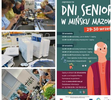kolaż zdjeć z Minskiego Dnia Seniora: uczestnicy zajęć kuniarnych przygotowują posiłek, zdjęcie toreb z upominkami oraz...