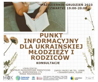 plakat z napisem głównym Punkt informacyjny dla ukraińskiej młodzieży i rodziców, na górze zdjęcie nóg na któych leży...