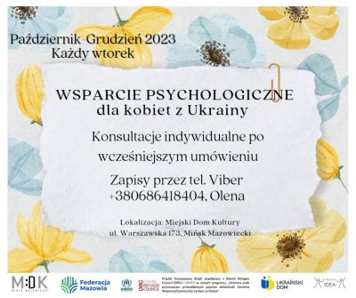 plakat z napisem głównym Wsparcie psychologiczne dla kobiet z Ukrainy na tle żółtych kwiatów, treśc plakatu jest opisana w...