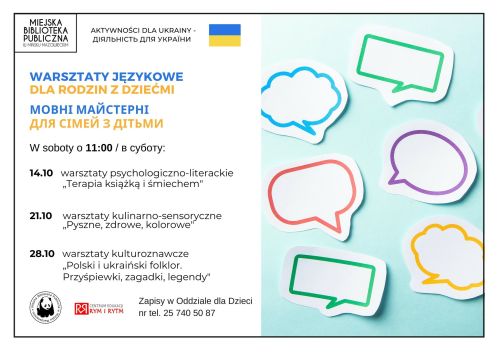 po prawej stronie wycięte z kartek różnego rodzaju chmurki, po lewej informacje zawarte na plakacie znajdują się w treści...