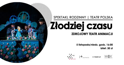 Po lewej w kole na ciemnym tle osoby. Po prawej na białym tle informacje