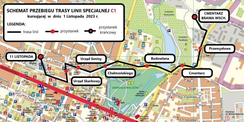 mapka ze schematem trasy linii C1