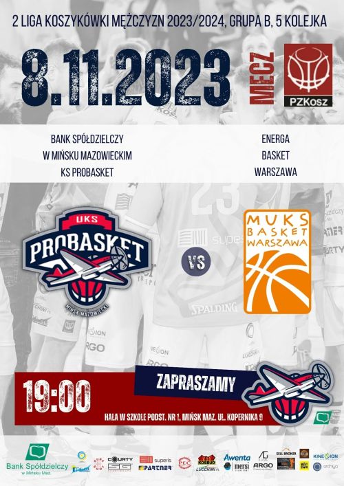 od góry 2 liga koszykówki mężczyzn 2023/2024, grupa B, 5 kolejka, poniżej data meczu, na środku loga grających drużyn, na...