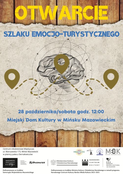 Od góry otwarcie szlaku emocjo-turystycznego, po środku rysunek mózgu z przerywaną linią szlaku i punktów docelowych,...