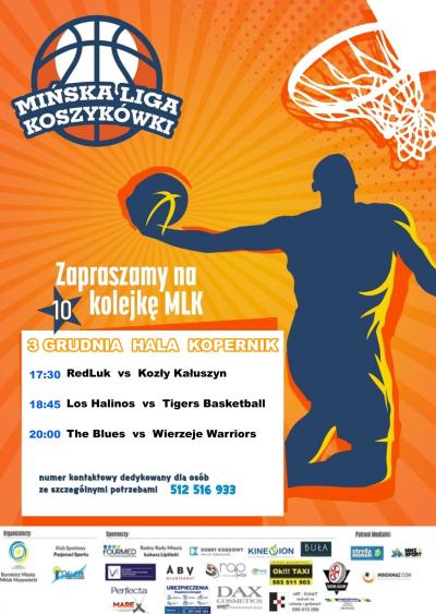 zarys mężczyzny skaczącego do góry i wbijającego piłkę koszykową lewą ręką do kosza, na górze po lewej stronie rysunek...