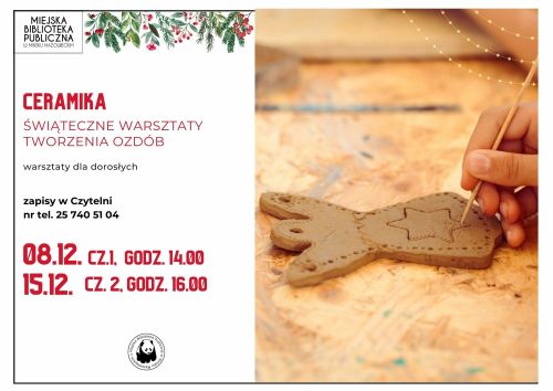 Po prawej stronie aniołek ceramiczny, dłoń z patyczkiem wykonuje kropki na ozdobie, po lewej informacje zawarte w treści...