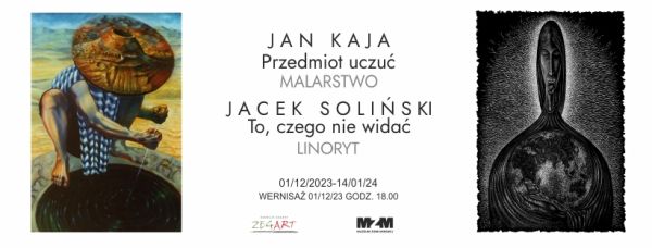 po lewej obraz kucającego nad studnią człowieka w okrągłym kapeluszu, po prawej linoryt o treści chrześcijańskiej