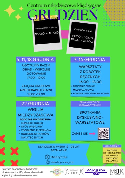 Centrum Młodzieżowe Międzyczas Grudzień, informacje zawarte na plakacie znajdują się w treści artykułu zamieszczonego na...
