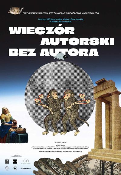kolaż przedstawiający na środku księżyc, na jego tle dwie małpki, po prawej ruiny starożytnych kolumn, po lewej mleczarka -...