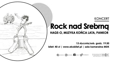 po lewej w kole rysunek mężczyzny z długimi włosami z gitarą, który stoi na murku, w tle woda i wyspa z drzewem