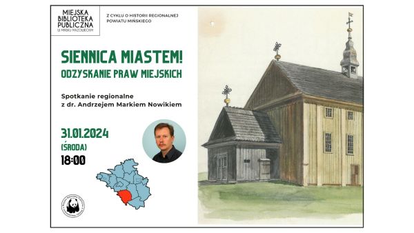 Po prawej rysunek drewnianego kościoła. Po lewej informacje zawarte w treści artykułu