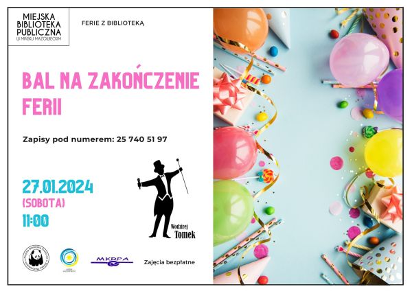 Po prawej stronie zdjęcie konfetii, balonów. Po lewej informacje dotyczące wydarzenia