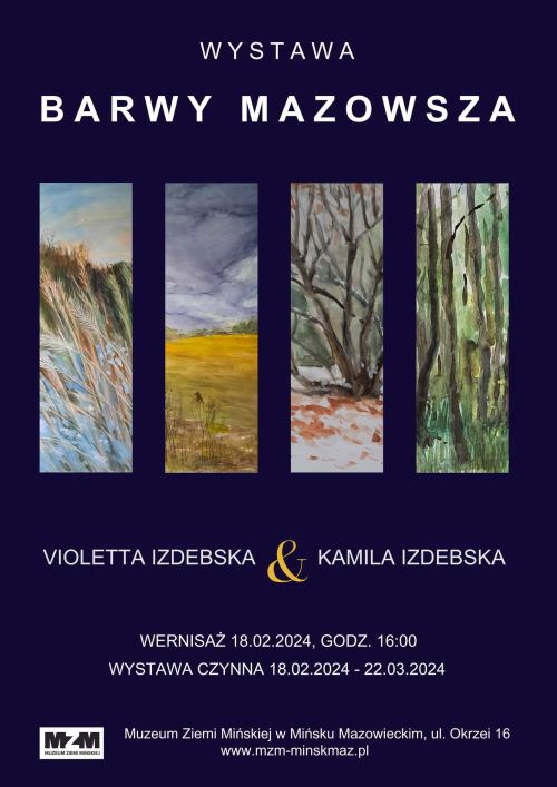Na granatowym tle. Tytuł: Wystawa "Barwy Mazowsza". Po środku w czterech prostokątach namalowane akwarelami cztery pory...