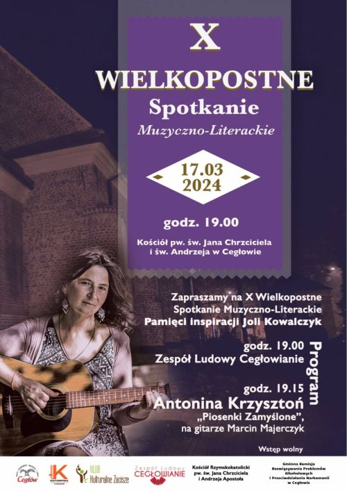 Kobieta z gitarą. Na fioletowym tle tytuł X Wielkopostne spotkanie muzyczno-literackie. Naokoło informacje. Wszystko na tle...