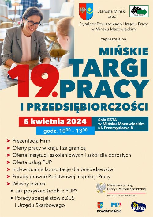 W lewym górnym rogu uśmiechnięta kobieta siedzi przy stole naprzeciwko drugiej osoby. Naokoło informacje na kremowym tle
