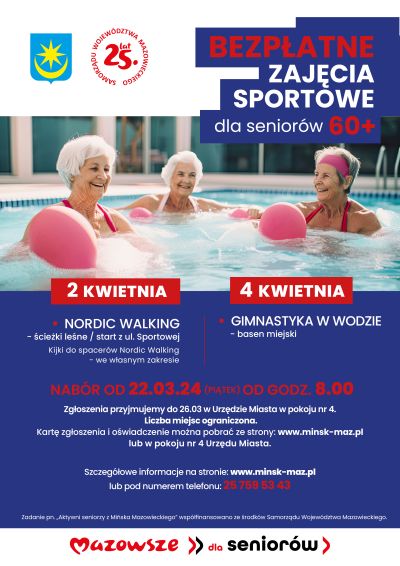 Uśmiechnięte starsze kobiety pływają w basenie, powyżej napis bezpłatne zajęcia sportowe dla seniorów 60+
